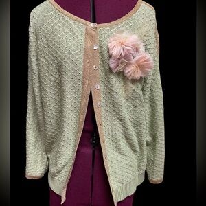 Vintage Anthropologie embellished flower pointelle cardigan sweater green gold M